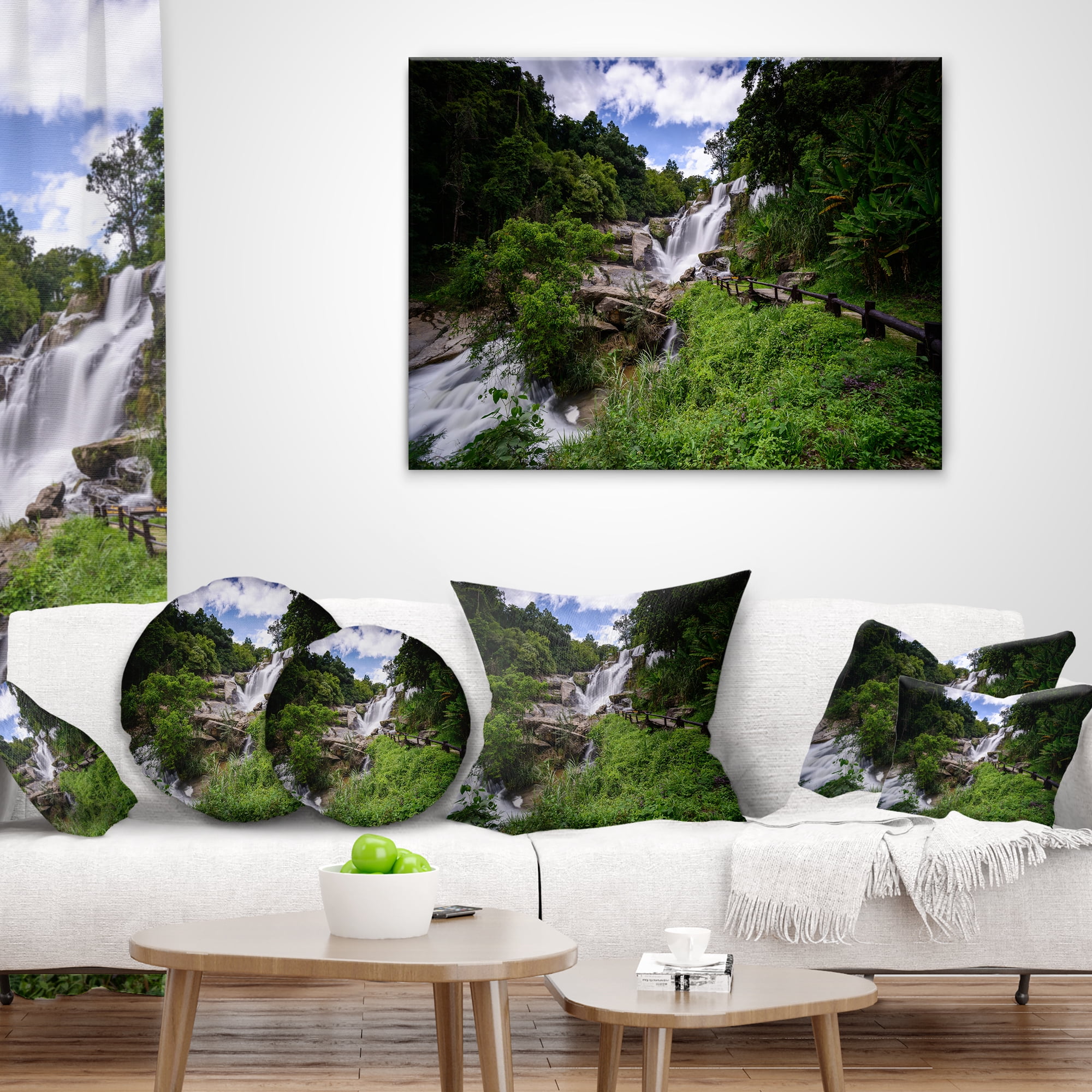 Designart Mae Klang Waterfall Thailand - Landscape Printed Throw Pillow - 12x20