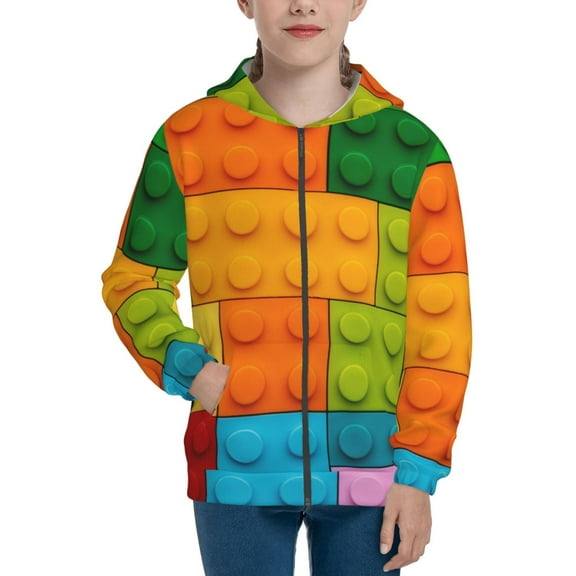 Kdxio Colorful Building Blocks Pattern Kids Boys Girls Zip Up Hoodie 3D Printed Hooded Sweatshirt Hoody Coat with Pocket 7-12 Y-Small