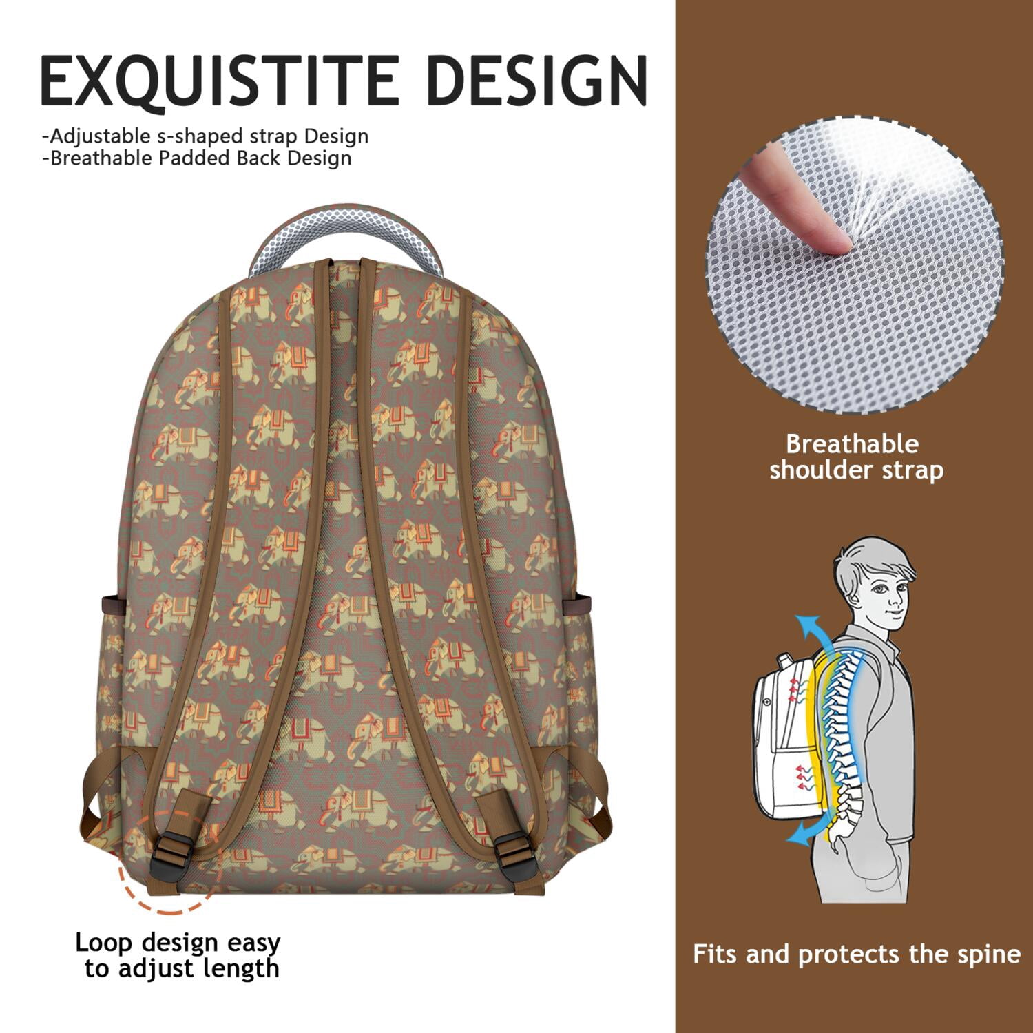 Elephant Design School Backpack - Durable Waterproof Bookbag for College, Spacious Laptop Compartment, Cute Elephant Print Gift for Students