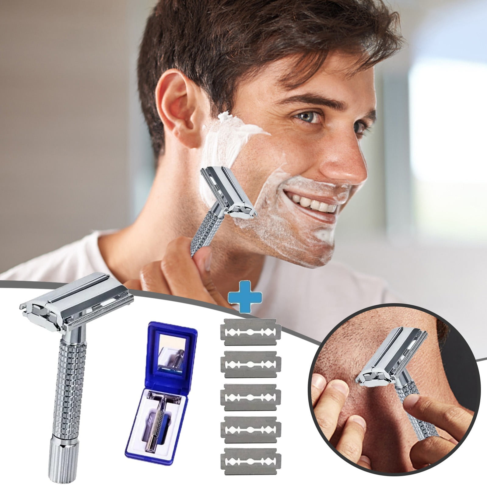 Double Edged Stainless Steel Shaving for Men with Grooming Storage for Facial Hair