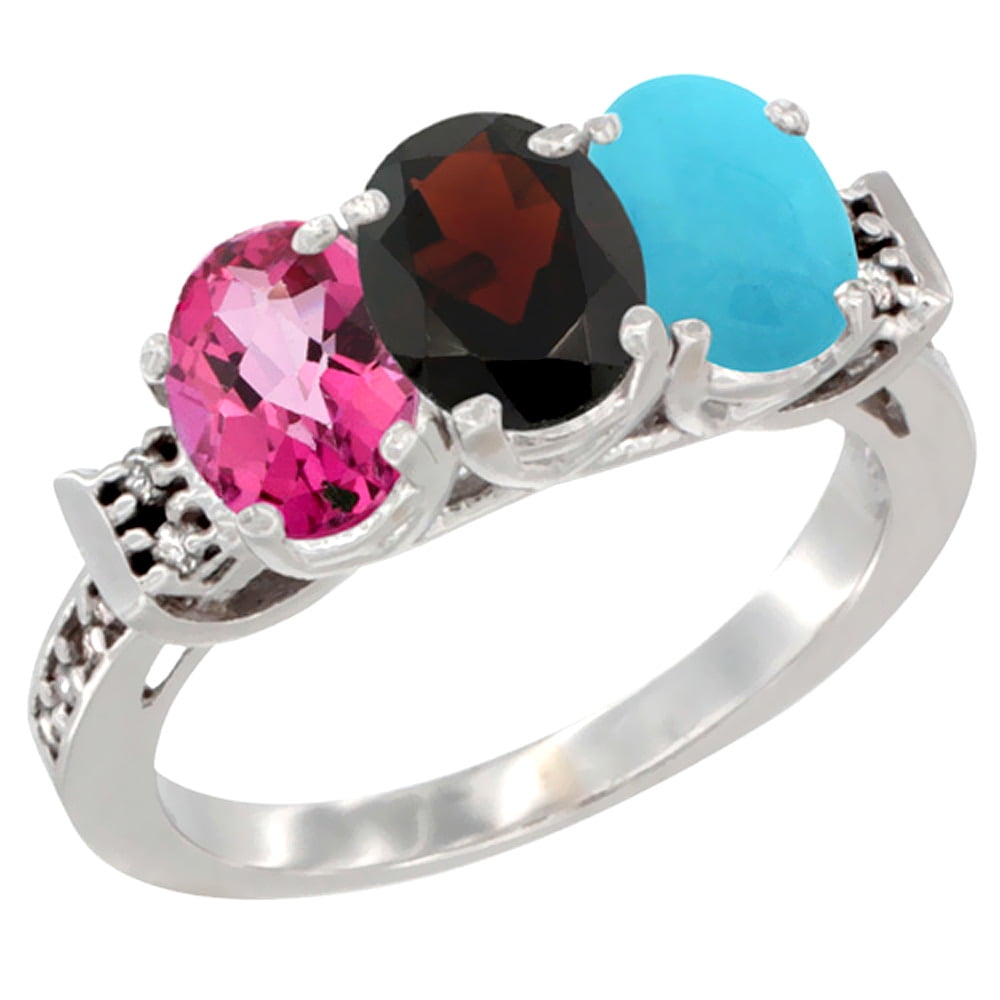 14K White Gold Natural Pink Topaz, Garnet & Turquoise Ring 3-Stone 7x5 mm Oval Diamond Accent, sizes 5 10 by WorldJewels