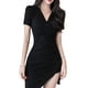 thumbnail image 2 of Vestido con cuello en V, moda, ajustado, ajustado, manga corta, color sólido para mujer, vacaciones de verano, fiesta de trabajo, 2 of 8