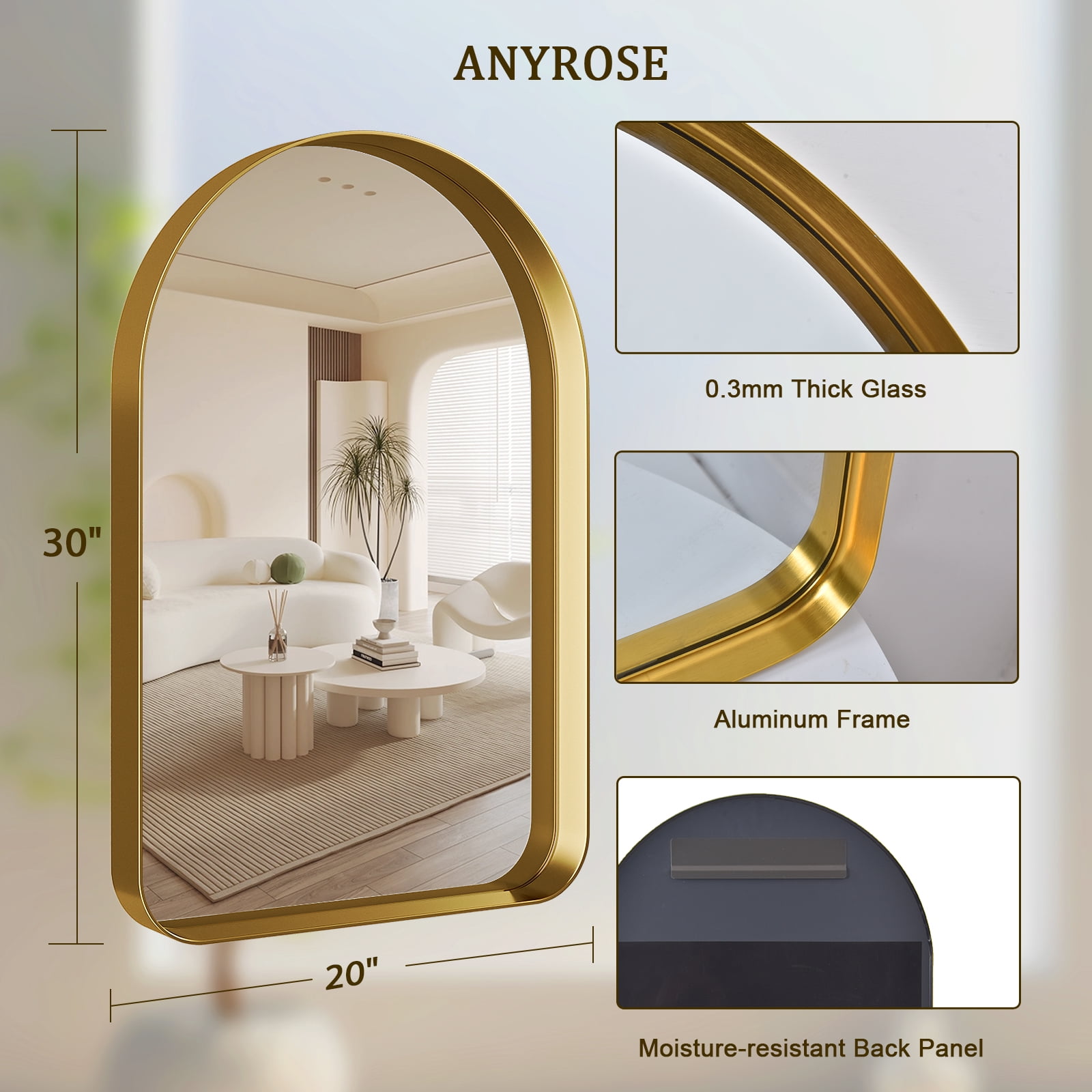 GRAHMCY 20"x30" Arched Bathroom Mirror Rounded Corner Vanity Wall Mirror with Deep Frame, Gold