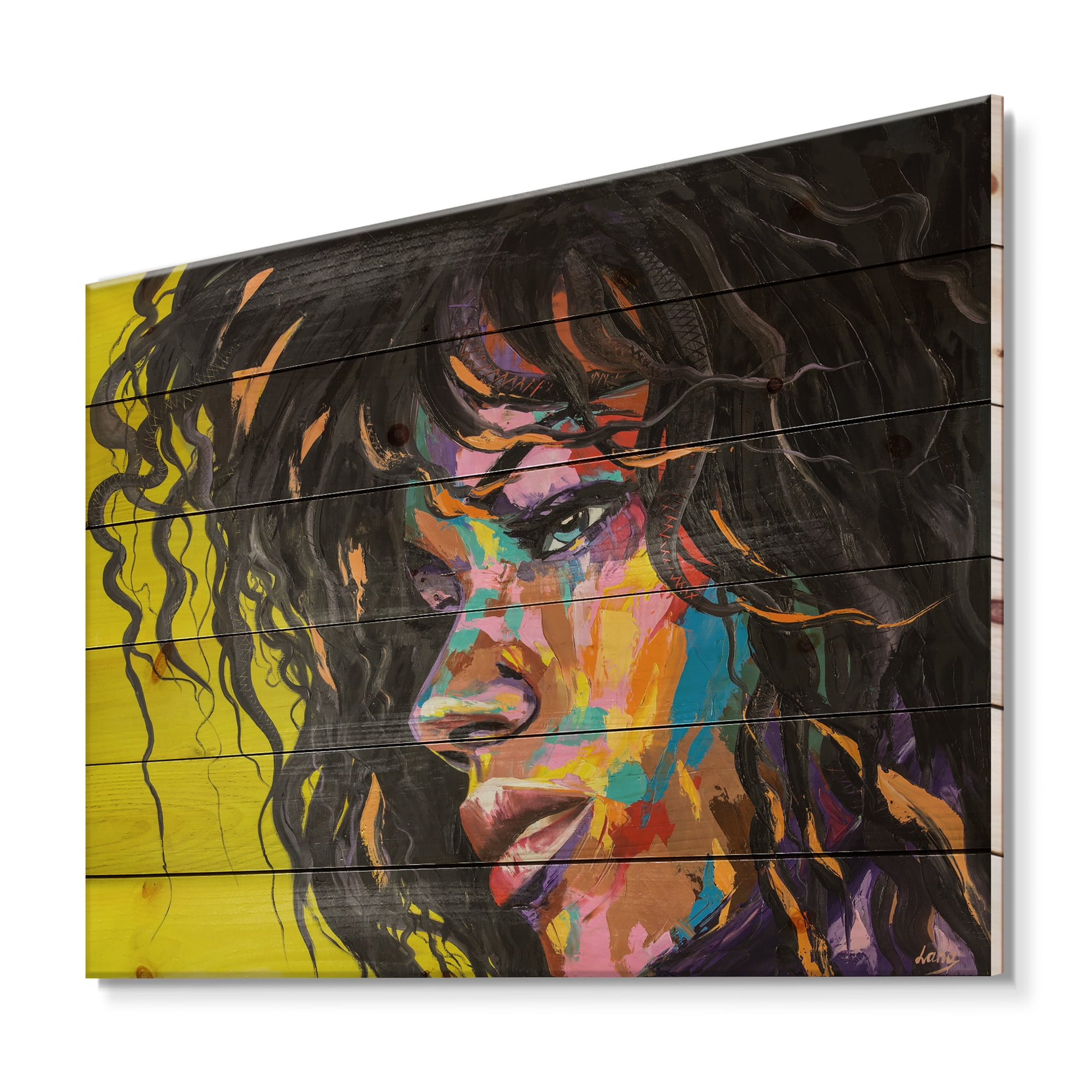 Designart 'Abstract Colorful Fantasy Portrait Of A Young Woman I' Modern Print on Natural Pine Wood