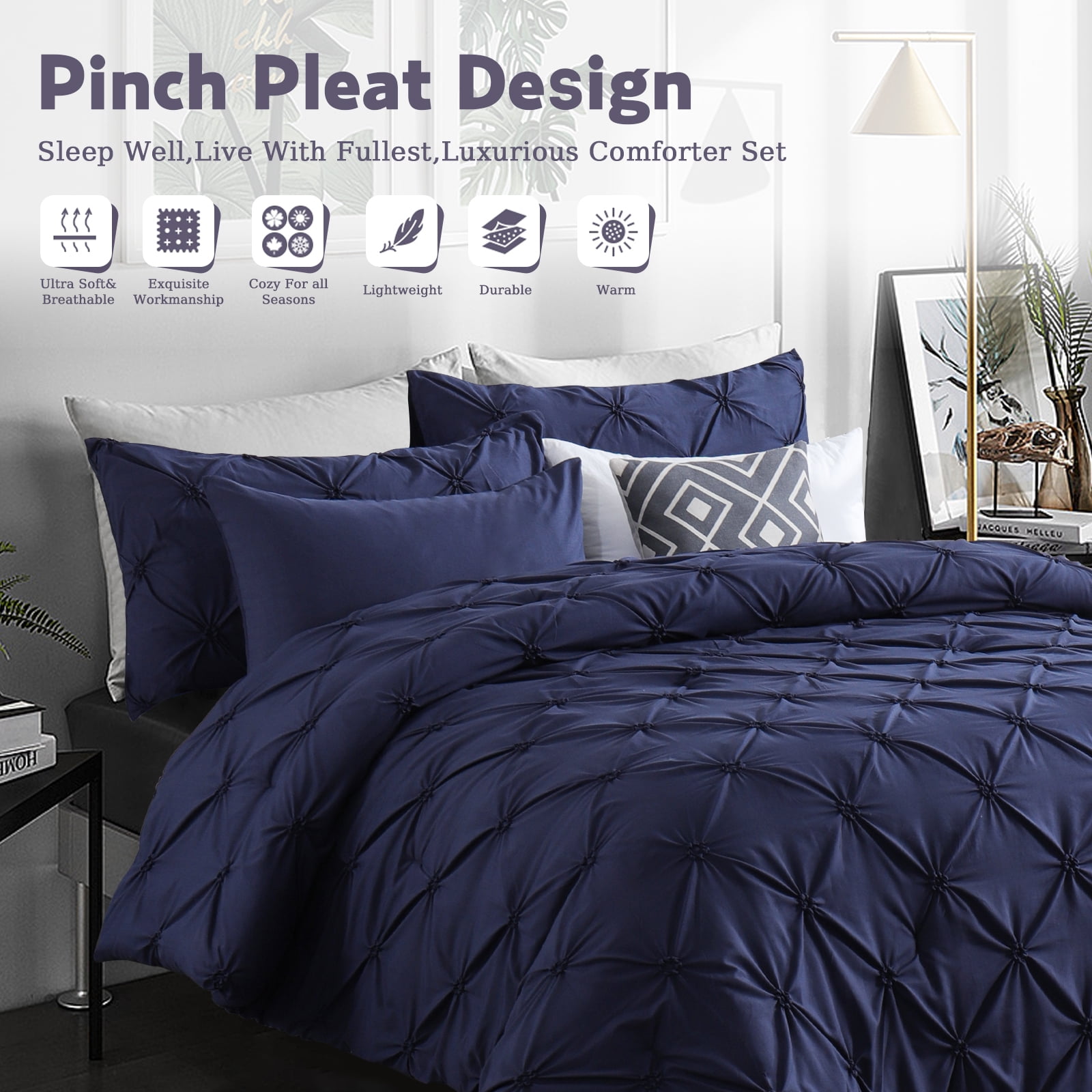 RUIKASI Blue King Comforter Set - Soft and Fluffy Bedding 3 Pieces Set, Pintuck Blue Bedding Sets King Size, Bed Set with Comforter, Pillowcases