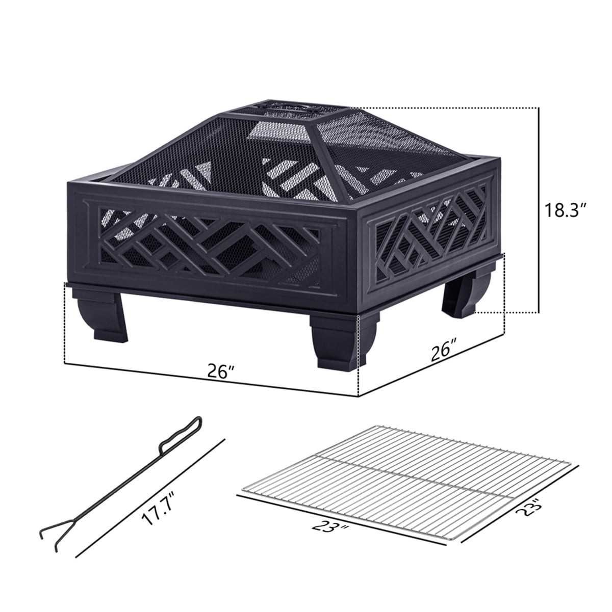 MistMo 26" Fire Pit with Grill for Outside, Square Outdoor Wood Burning Metal Firepit with Poker Black