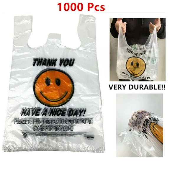 1000 Pcs of Heavy Duty Smiley T-Shirt Bag Thank You Plastic Bag White Carry Out Bags for Shopping and Storage 11.5"x 6"x 17.5"