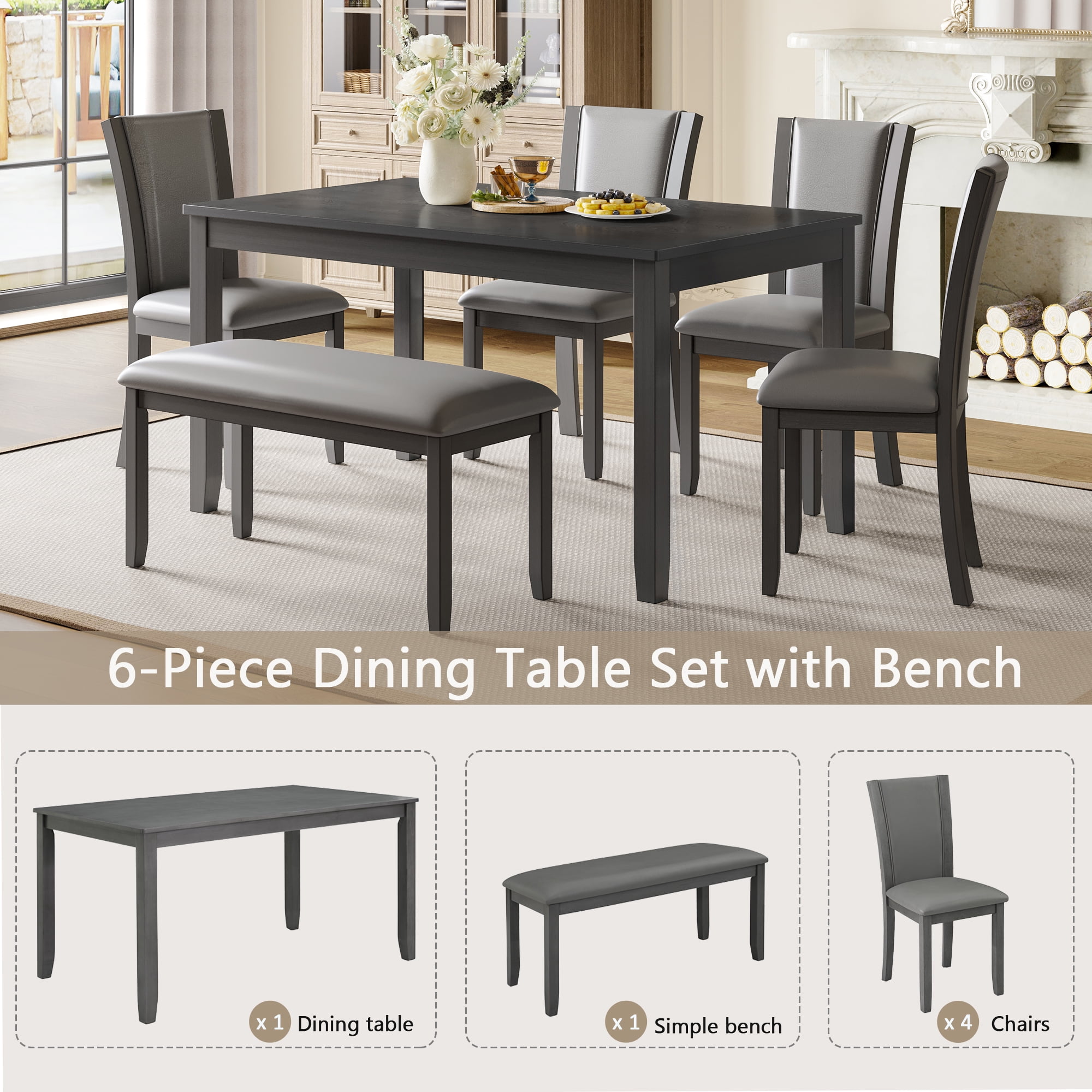 Aukfa 6 Pcs Farmhouse Extendable Dining Table Set,Rubberwood Kitchen Table with Bench & 4 Chairsfor Dining Room,Gray