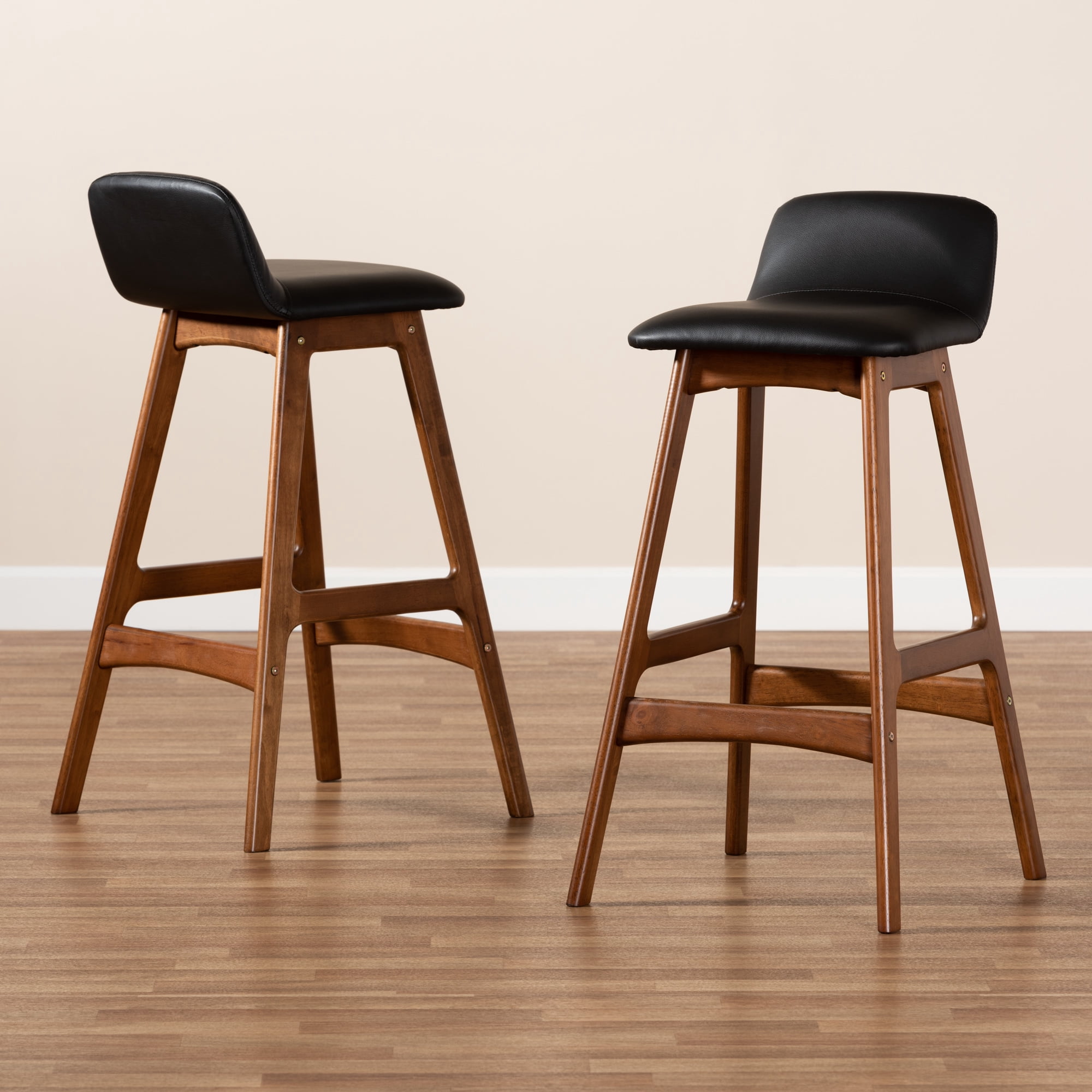Baxton Studio Darrin Mid-Century Modern Black Faux Leather Upholstered and Walnut Brown Finished Wood 2-Piece Bar Stool Set