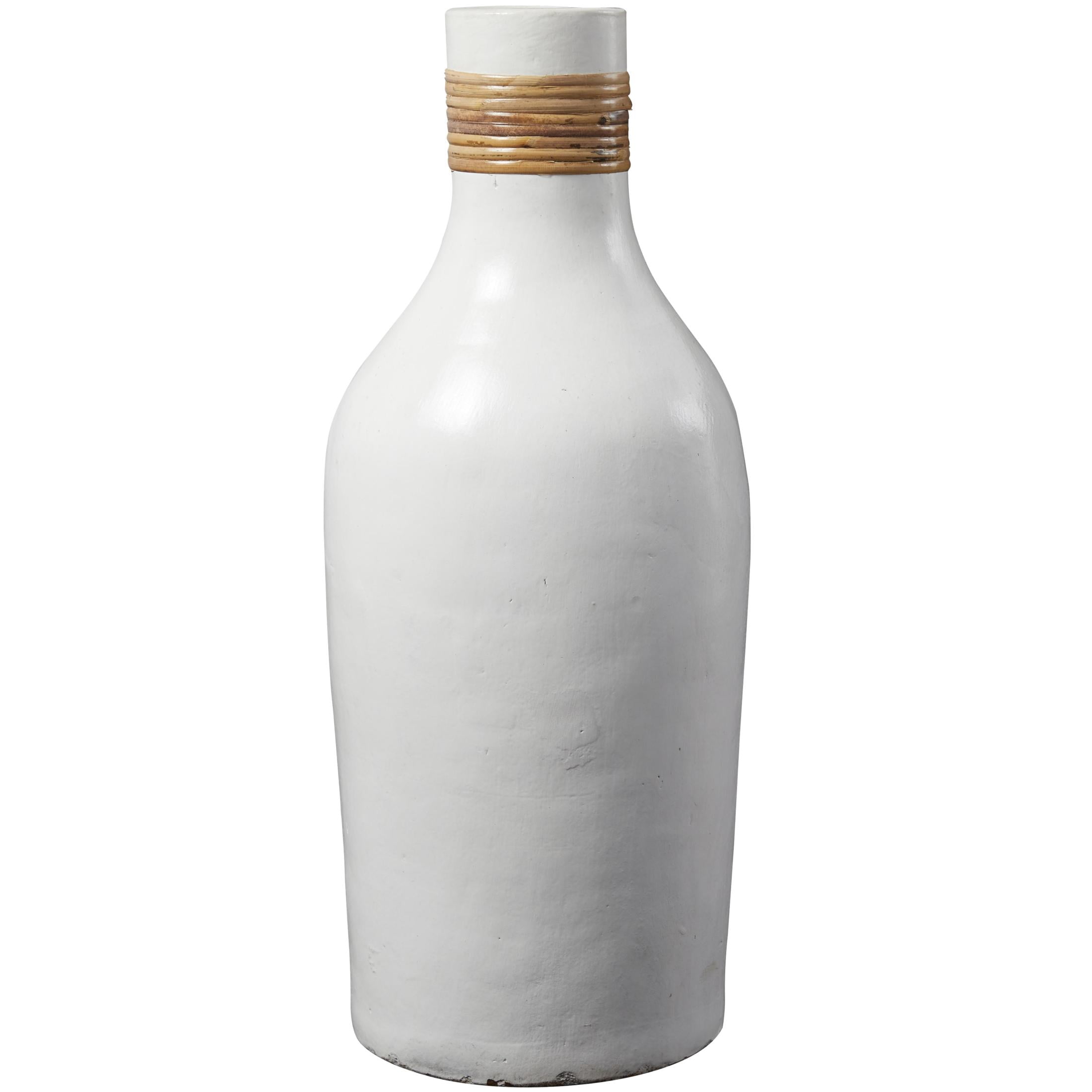 DecMode 20" White Ceramic Vase with Wrapped Rattan Details
