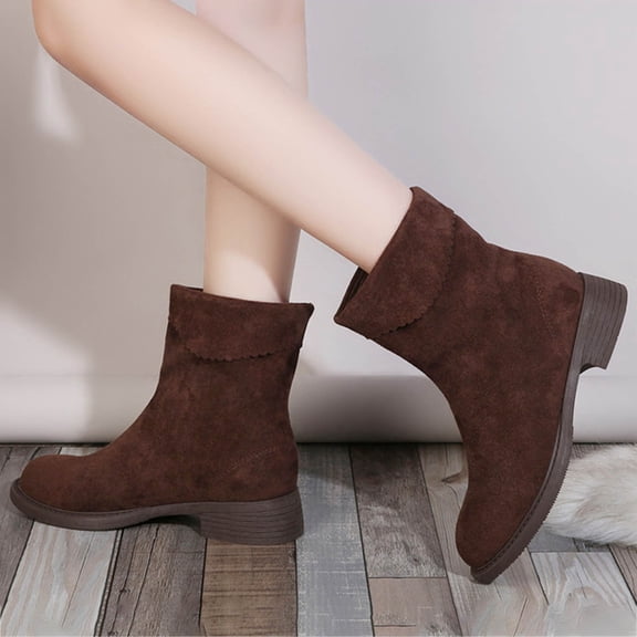Women Flat Heel Western Boots Round Toe Suede Mid Calf Cowboy Boots Wide Calf Pull Low Chunky Block Heel Short Riding Boot Stretch Fashion Casual Fall Winter Dress Booti