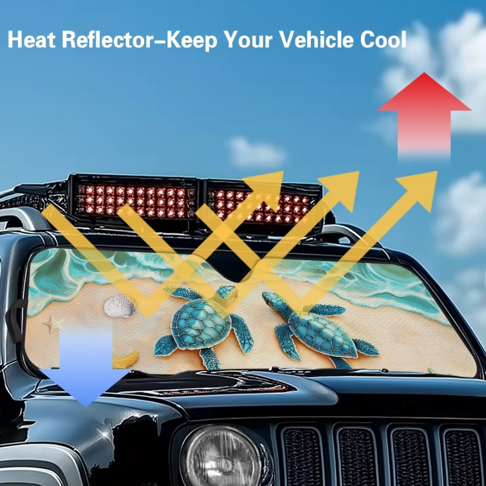 Binienty Beach Sea Turtle Car Sun Shade Windshield Auto Sun Visor Heat Protection for Jeep Wrangler TJ 1997-2006 Foldable UV Blocking Front Window Sunshade 52x16" Easy Installation