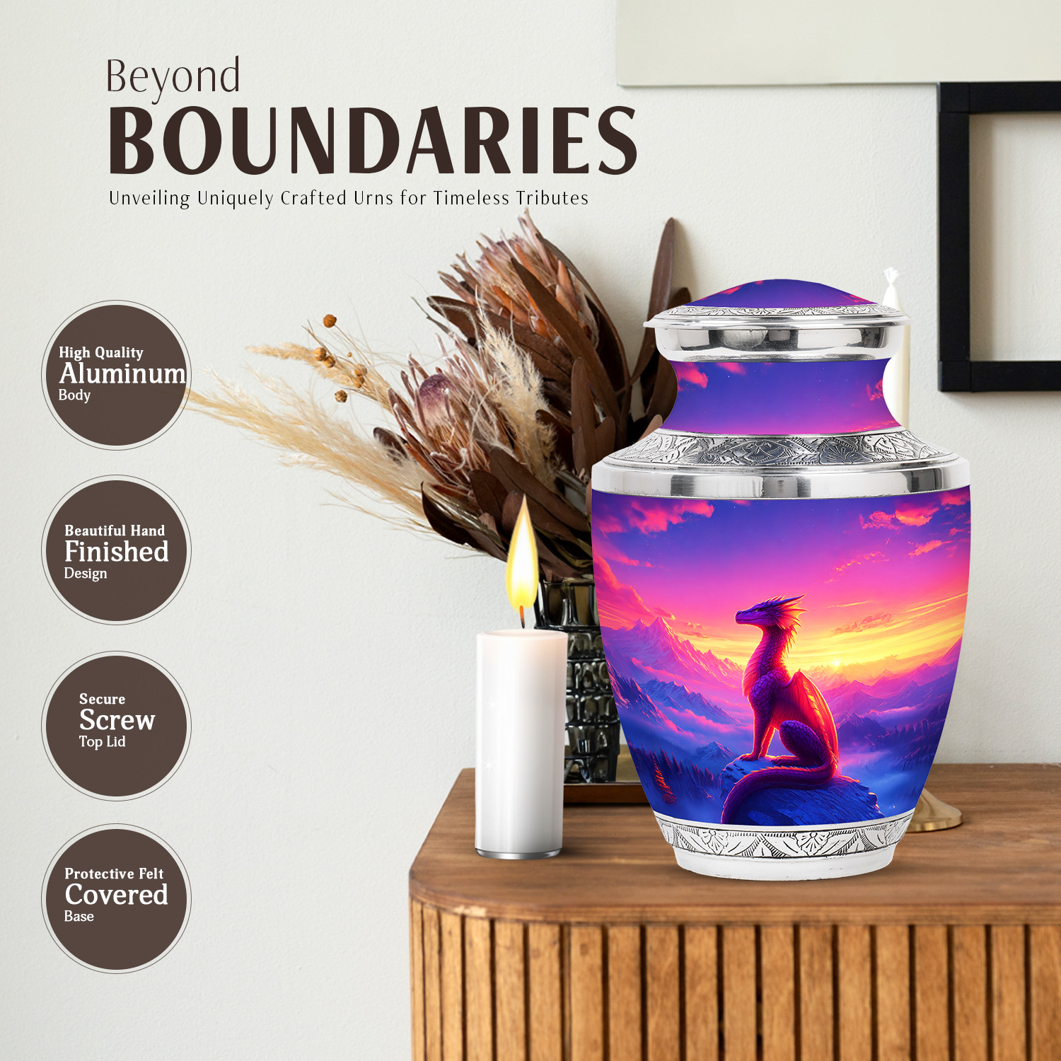 JAGASY Dragon Burial Large Urn for Ashes Adult Female, Purple Urn for Ashes Adult Male, Snowy Mountain & Sunset Decorative Urns for Friends, Handcrafted Cremation Urns for Girls & Boys, (10 Inch)