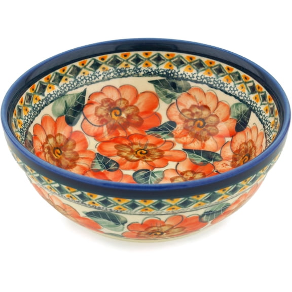 Polish Pottery cereal bowl Polmedia Peach Poppies Theme UNIKAT Hand Painted in Boleslawiec, Poland   Certificate of Authenticity