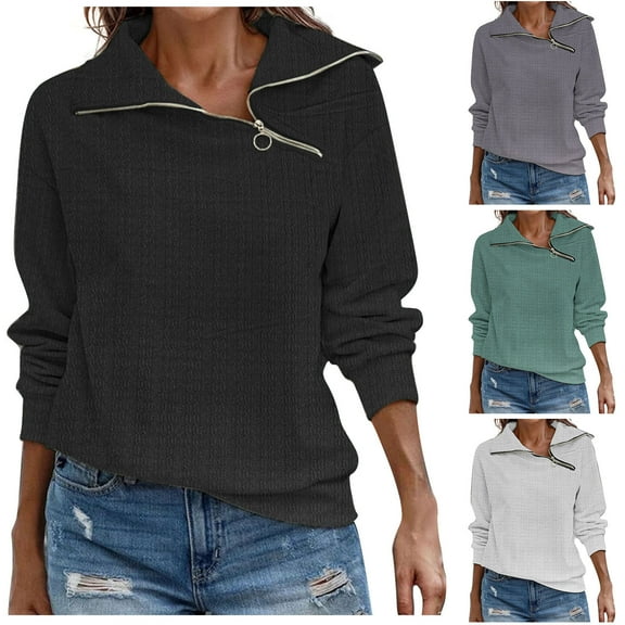 Elainilye Fashion Womens Tops Spring Retro Casual Neck Zipper Solid Color Plaid Pullover Top Sweatshirt Tops,Black