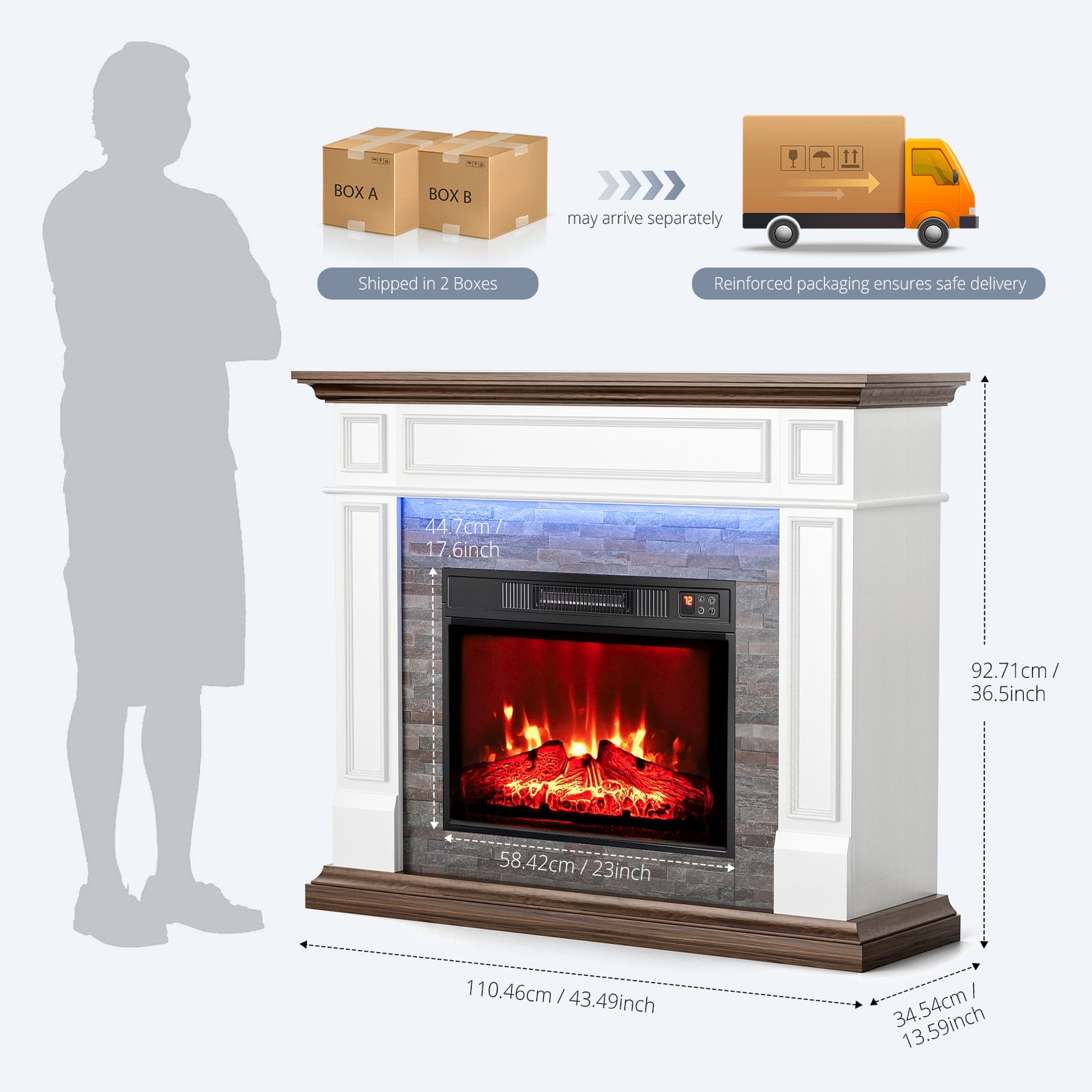 LGHM 44" Electric Fireplace with Mantel, Free Standing Fireplace Heater with LED Lights for Living Room, Bedroom, White & Brown