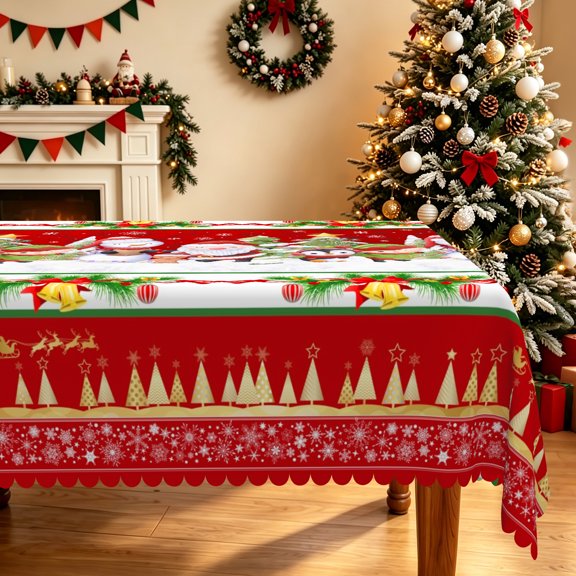 Duangreer Red Christmas Rectangle Tablecloth, Cartoon Snowman Santa Claus Print Waterproof Table Cover for Party Picnic Indoor Outdoor Decor, 60 x 84 Inch