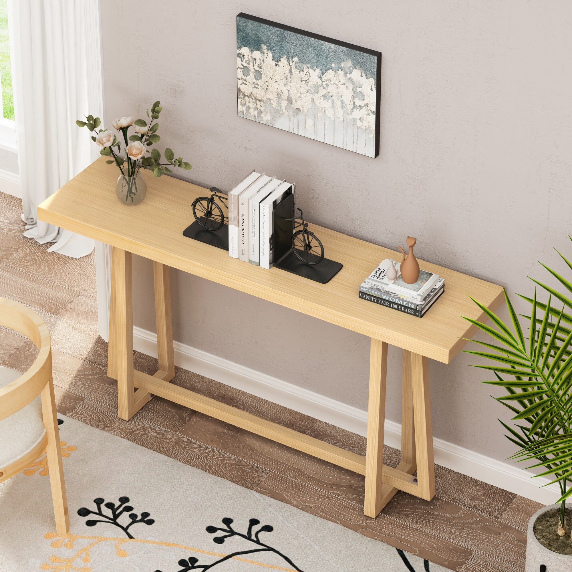 AENKYO 60" Console Table, Faux Wood Top Metal Entryway Table, Indoor/Outdoor Sofa Table for Hallway & Patio, Light Oak