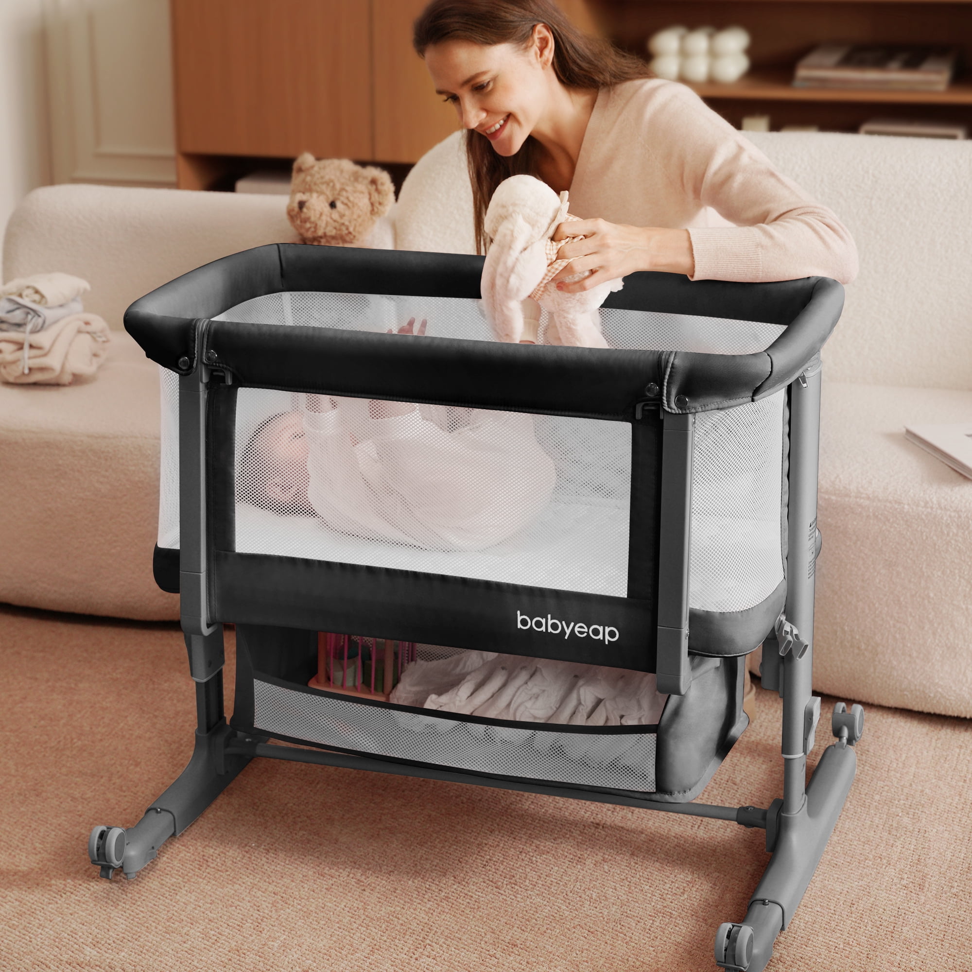 Babyeap Baby Bassinet for Newborn with Large Storage Basket, Gray