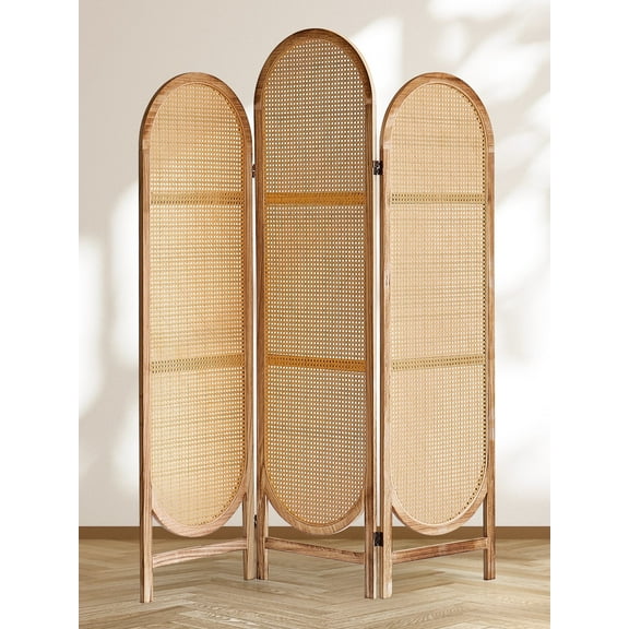 Aletheiawu 3 Panel Rattan Room Divider, Folding Privacy Screens, No Installation, Light Brown