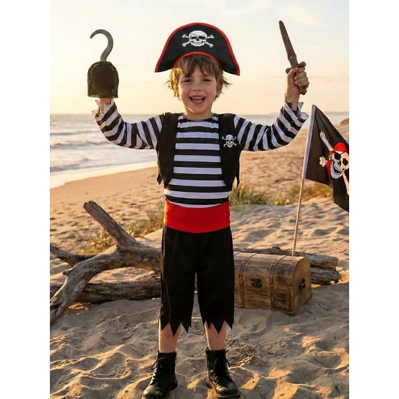 Kids Pirate Costume for Boys 6 Pieces Set, Halloween Dress Up Role Play with Hat Accessories