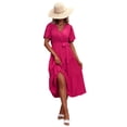 thumbnail image 2 of VISgogo Vestido Midi Elegante de Verano para Mujer, Vestido de Manga Corta con Cuello en V de Color Sólido con Cinturón para Fiesta en la Playa VISgogo  moda, 2 of 4