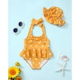 thumbnail image 2 of KIMI BEAR Newborn Baby Girls One-piece Swimsuits 6-12 Months Summer Bathing Suits Off the Shoulder Sleeveless Halter Bow Dots Beach Wear Holiday Rash Guard with Headband 2pcs Yellow, 2 of 8
