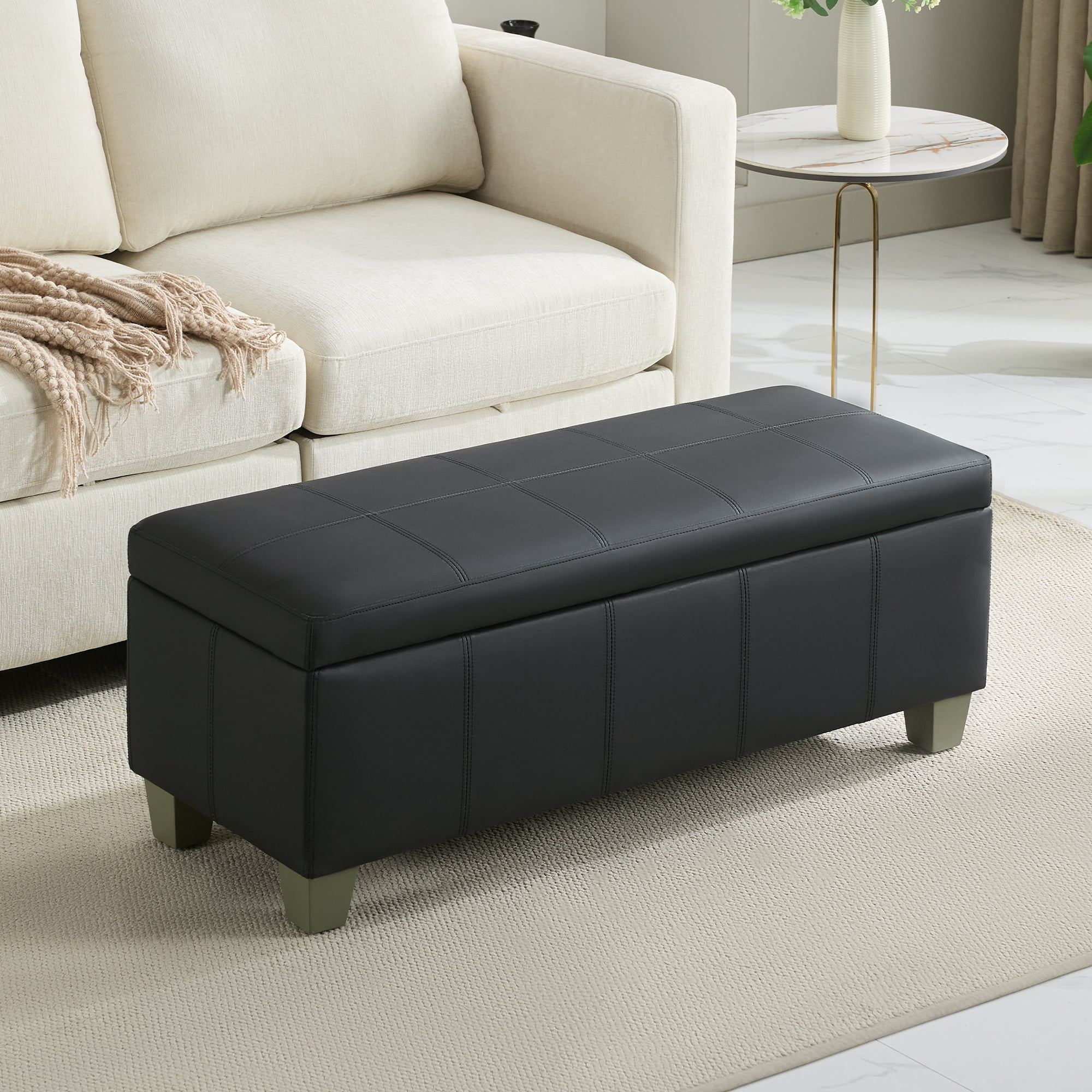 41'' Faux Leather Storage Ottoman Bench, Rectangle Upholstered Storage Bench with Wooden Legs, Stitch Tufted Bench with Storage for Bedroom, Living Room, Entryway, Dark Black