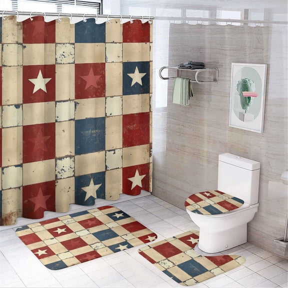 Vintage Stars And Stripes, Red, White, And Blue 4 Piece Bathroom Rug Set with Shower Curtain Bathroom Sets with Curtain Rug Toilet Cover And U Shaped Mat Memorial Day Decorations Shower Curtain