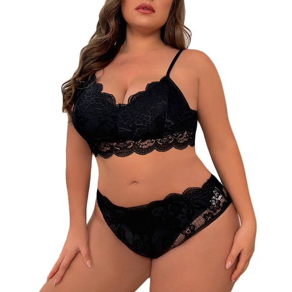 Honeeladyy Large Women's Fun Underwear Perspective Flower Lace Pajama Set pajamas for women plus size