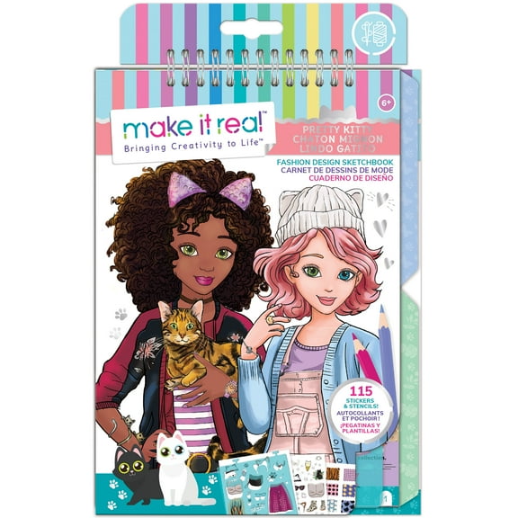 Make It Real: Fashion Design Sketchbook: Pretty Kitty - Includes 115 Stickers & Stencils, Draw Sketch & Create, Fashion Coloring Book, Tweens & Girls, Kids Ages 6 