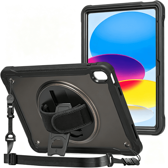 GJX Rugged Case for Ipad A16 11Th Gen Ipad 10Th Gen 2022 -Black | Heavy Duty Shockproof Rugged Kids Cover with Hand Strap 360 Degree Rotatable Kickstand Protective for Ipad 11/10