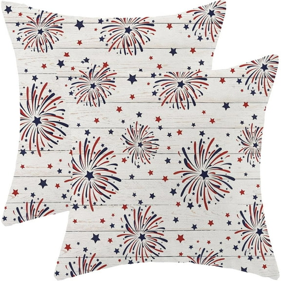 4th of July Pillow Covers 18x18 Set of 2, Firework Red Blue Stars Decor Patriotic Throw Pillows Independence Memorial Day Pillowcase Outdoor Decorations Farmhouse Cushion Case for Couch Home