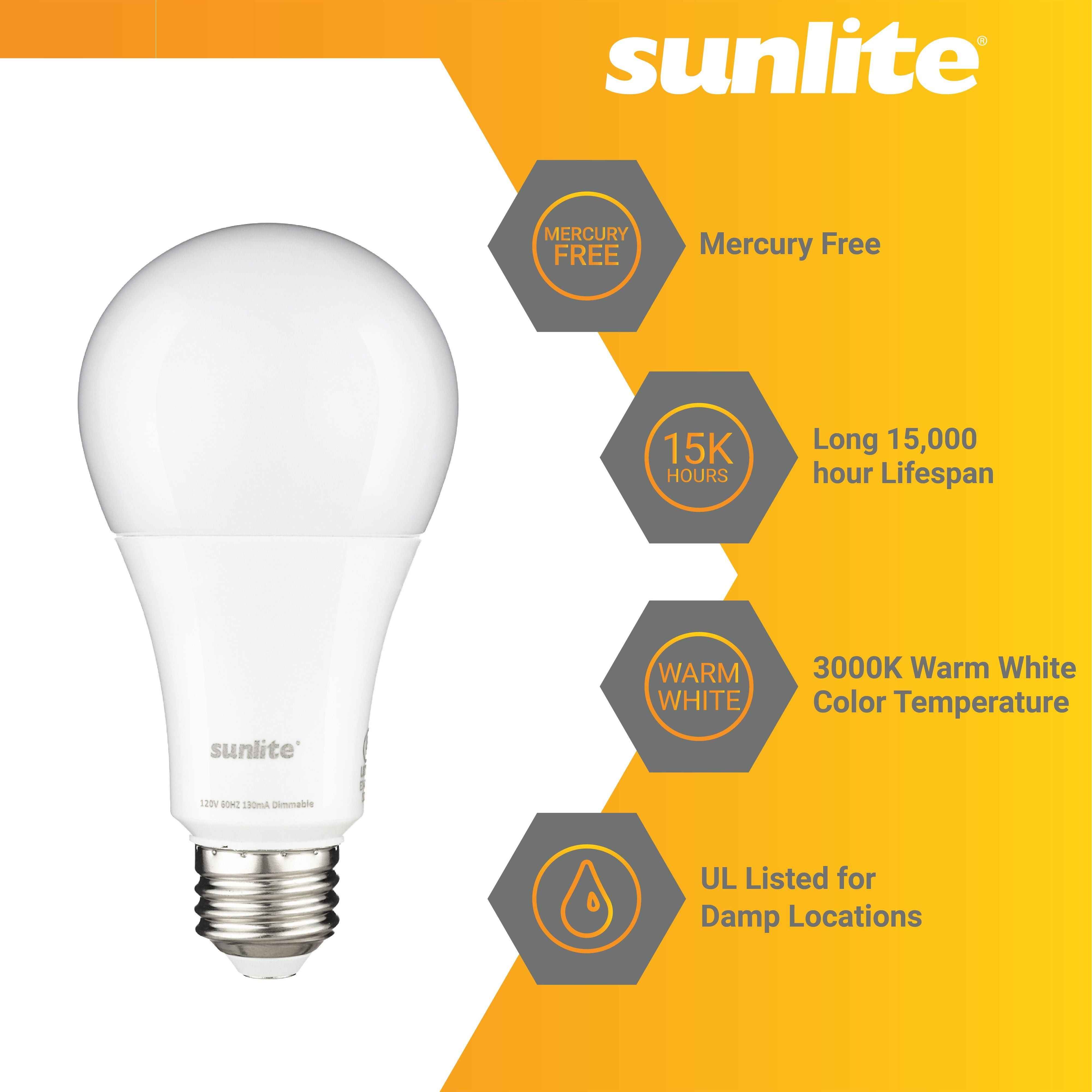 Sunlite 3-Way LED A21 Light Bulb, 6/12/19 Watts (60W 75W 125W Equivalent), Medium E26 Base, Dimmable,UL Listed, 3000K Warm White, 3-Pack