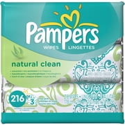 Pampers Natural Clean Baby Wipes, Unscented, Refill Travel Packs (216 count)