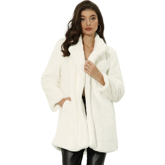 DARING DIVA Women's Lapel Faux Fur Fuzzy Warm Jacket Overcoat L White