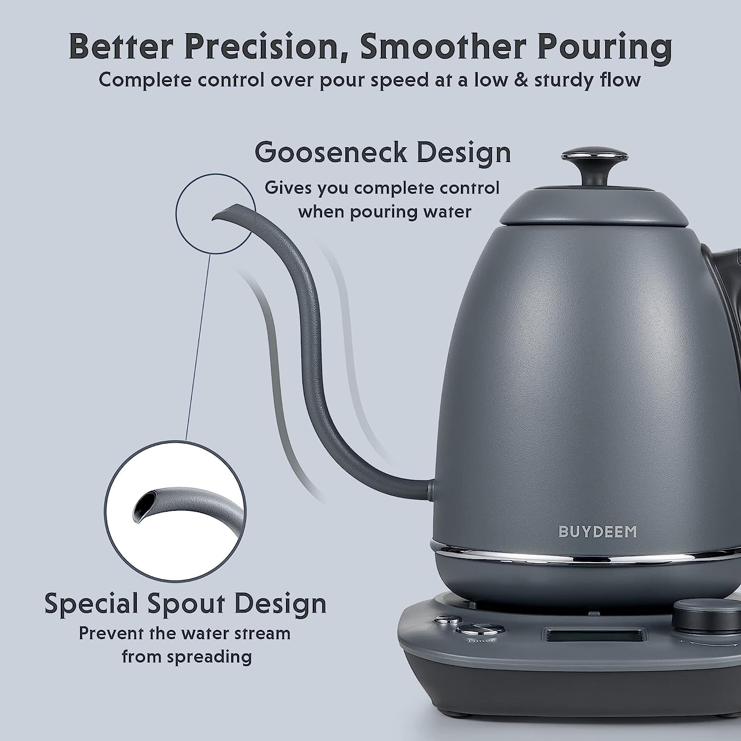 BUYDEEM Gooseneck Electric Pour-Over Kettle, Stainless Steel Coffee Tea Kettle with Variable Temperature Control, Ink Grey