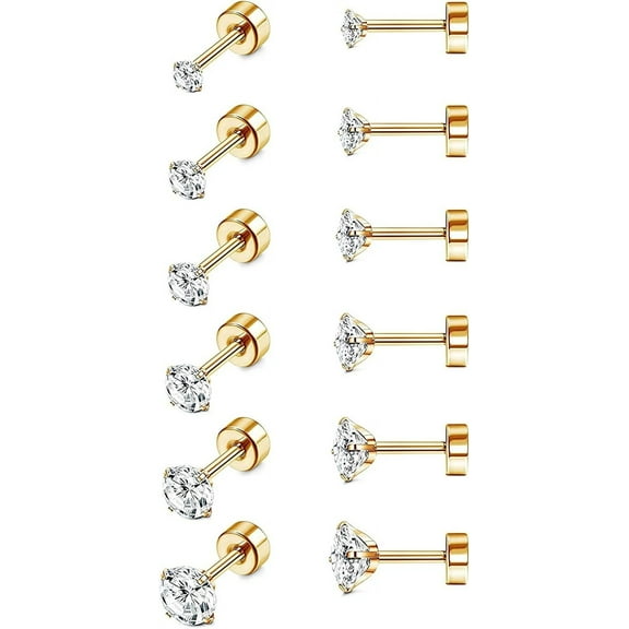 Nmkwnr 6 Pairs Stud Earrings 316L Steel Earrings Round Cubic Zirconia Stud Screwback Flat Ball Back Stud Earrings for Women Men