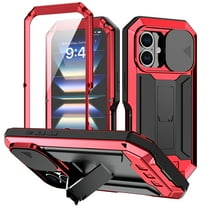 ELEHOLD Rugged Full Body Case for iPhone 16 with Slide Lens Protector Built-in Screen Protector Foldable Kickstand Military Grade Shockproof Heavy Duty Case for iPhone 16,Red