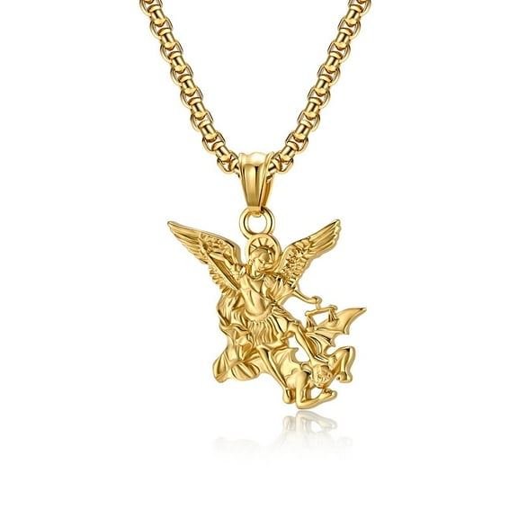14K Yellow Gold Saint Michael Archangel Pendant Necklace, Vintage Catholicism Jewelry for Men