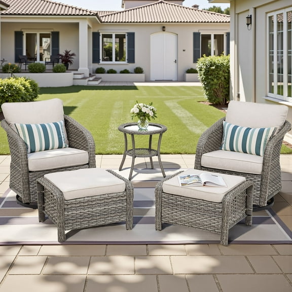 PPorfamilia 5-Piece Outdoor Wicker Conversation Set with Rocking Swivel Chairs and Beige Cushions