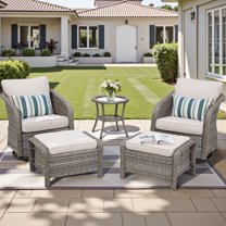 PPorfamilia 5-Piece Outdoor Wicker Conversation Set with Rocking Swivel Chairs and Beige Cushions