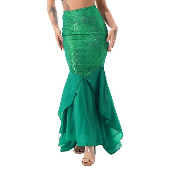 CHICTRY Womens Shiny Sequins Mermaid Tail Skirt Theme Party Dress up Skirt Costume Green S