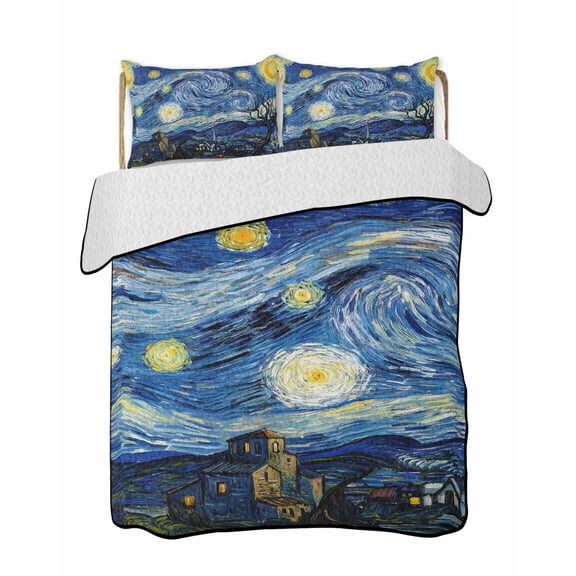 Quilts Twin Size Bedding Set, Blue Starry Night Lightweight Quilted Comforter, Abstract Star Sky House Tree Oil Painting Reversible Bedspread Coverlet with Pillow Covers for All Season, 68" x 86"