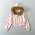 thumbnail image 3 of Womens Cropped Jackets Detachable Faux Fur Collar Hooded Full Zip Tunic Cardigan Casual Stylish Outwear With Pockets (M, Pink), 3 of 7