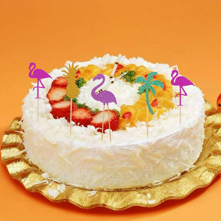 Naicaek Glitter Flamingo Happy Birthday Cake Topper，Palm Tree Flamingo  Pineapple Cupcake Picks Decorations，Tropical Hawaiian Luau Theme Baby  Shower