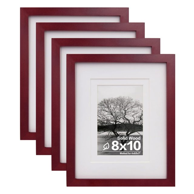 Egofine Marcos De Fotos 8X10 Paquete De 4 - Marcos De Madera Cubiertos Por Plexiglás Para Cuadros 4X6 O 5X7 Con Tapete O 8X10 Sin Tapete Marcos De Fotos Para Mesa Y Exhibición De Pared Rojo Cereza
