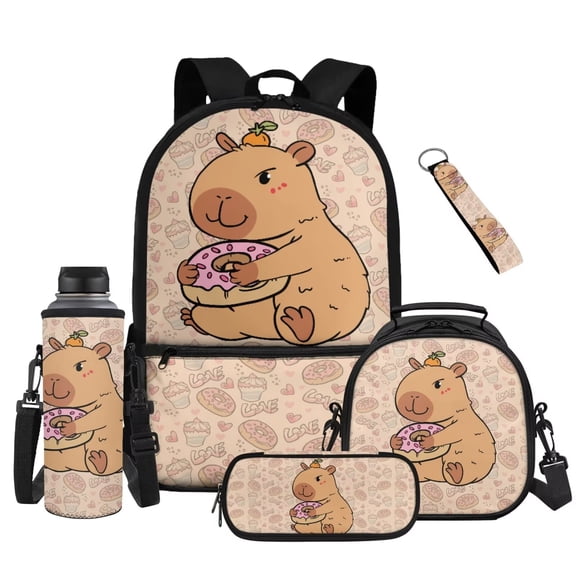 Bulopur Orange Capybara Kids Backpack Set 5 Pcs Kawaii Cute Book Bag with Lunch Bag, Pencil Case, Water Bottle Cover and Wrist Strap for Capybara Lover Girls Ages 6-12