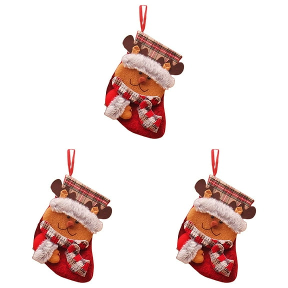 Mini Christmas Stockings 3 Pack - 7 inch Santa Snowman Bear Elk Plush Stockings for Fireplace Tree Decor, Gift Bags, and Anthropology Fall Decor