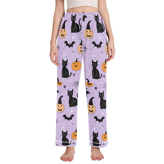 FORMRS Women's Pajama Pants with Pockets Soft Comfy Loungewear Sleep Bottom, Sizes S-2XL, Light Purple Halloween Black Cat